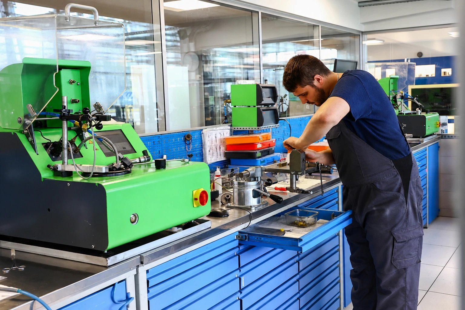 Pracownia podzespołów układu wtryskowego Technik pracujący przy specjalistycznym stanowisku w pracowni
