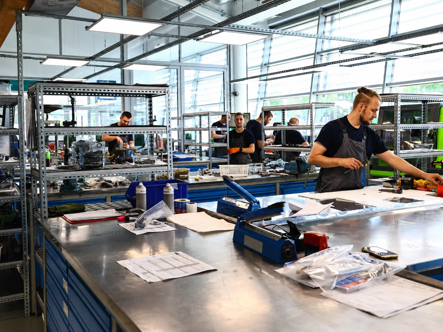 Profesjonalny zespół w nowoczesnym warsztacie technicznym Kilku pracowników przy stanowiskach roboczych w jasnym warsztacie wyposażonym w metalowe stoły, regały i narzędzia