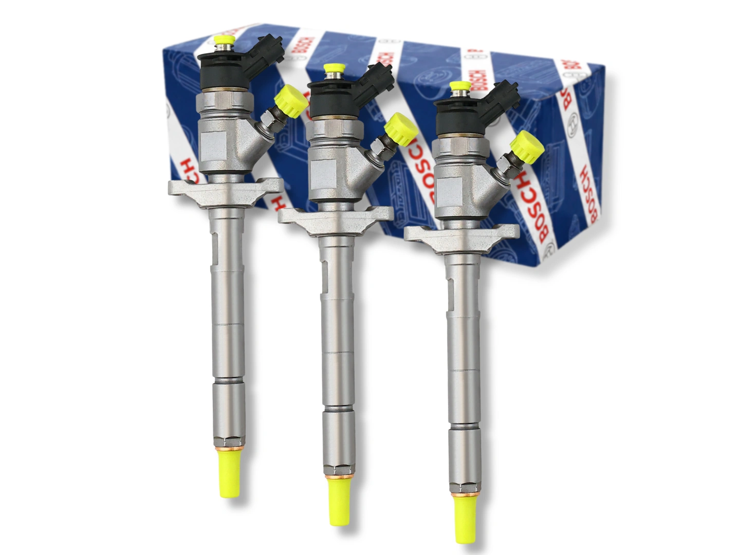 Dwa wtryskiwacze Bosch 0445110297 Dwa wtryskiwacze Bosch 0445110297 ułożone naprzeciwko siebie na jasnym tle