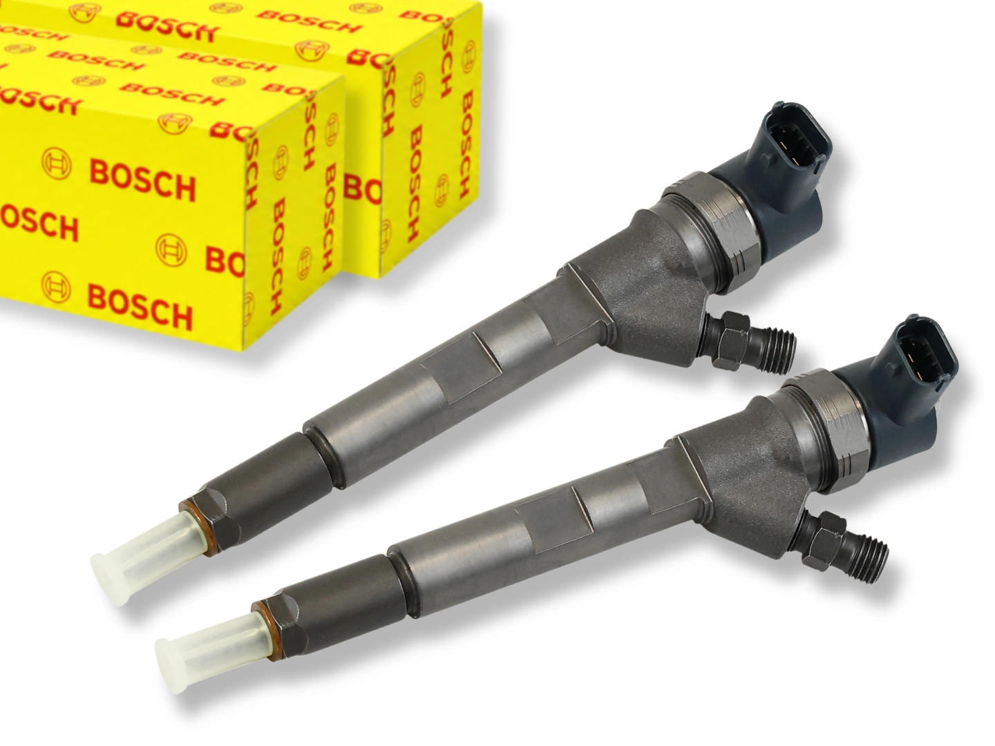 Wtryskiwacz Bosch 0445110059 ułożony poziomo przed dwoma niebieskimi pudełkami