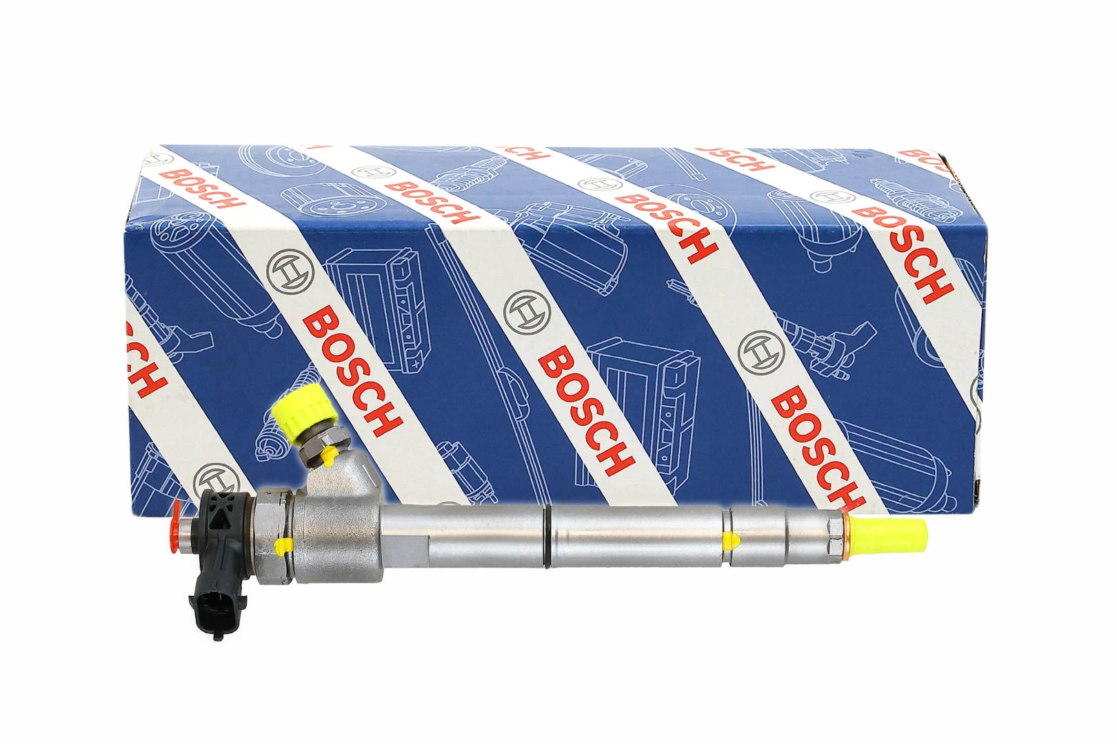 Pojedynczy wtryskiwacz Bosch 0445110713 ułożony ukośnie na białym tle