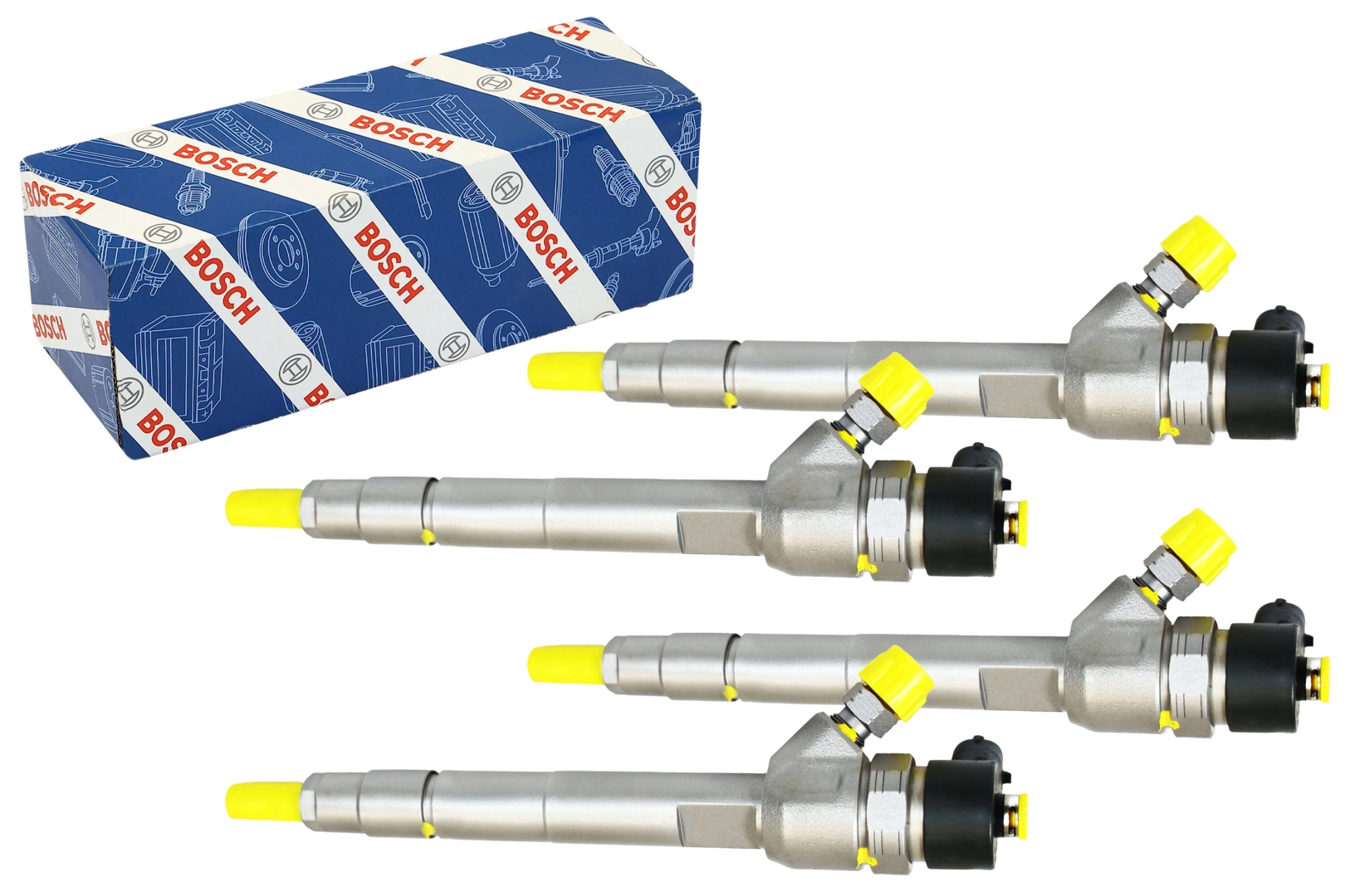 Komplet czterech wtryskiwaczy Bosch 0445110273 Cztery wtryskiwacze Bosch 0445110273 obok opakowania Bosch