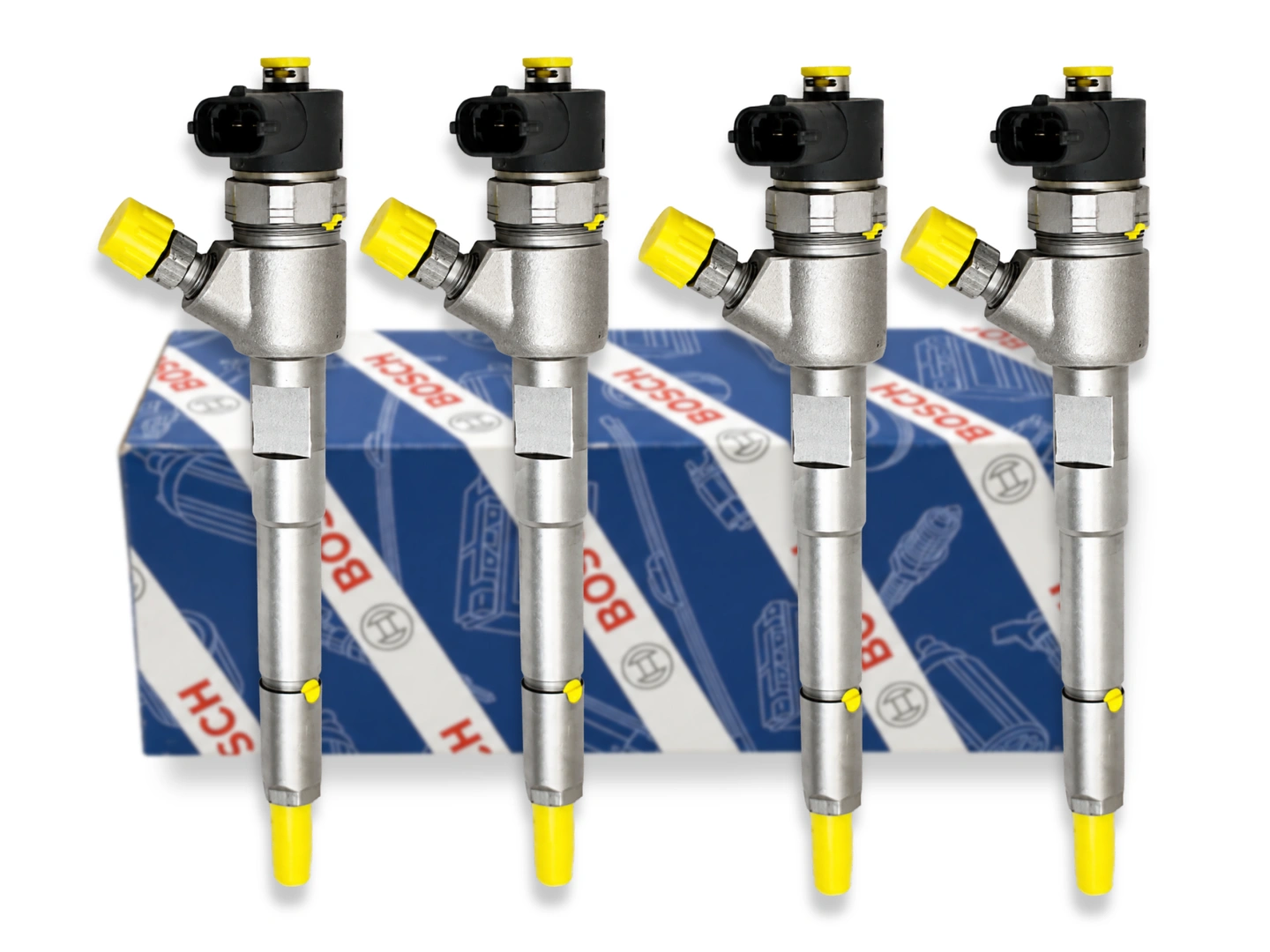 Wtryskiwacz Bosch 0445110574 Wtryskiwacz Bosch 0445110574 ułożony ukośnie na białym tle